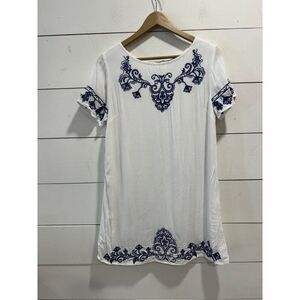 Lulus Tale to Tell Blue/Ivory Embroidered Shift Dress L